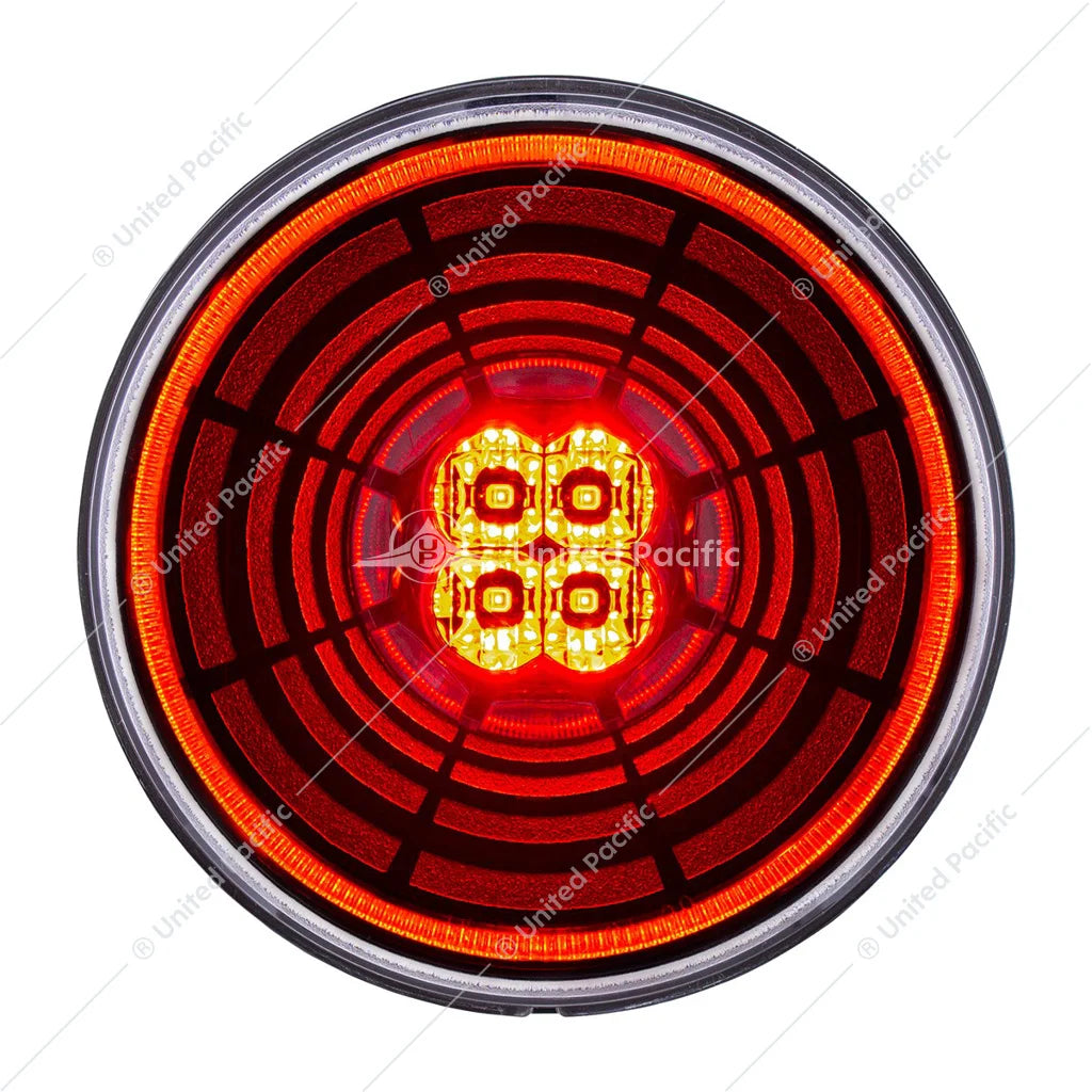 UP#36566 United Pacific Brake / Tail / Turn Signal Light - 4 in., Round, Red LED/ Clear Lens, 13 LEDs, Abyss Lens Design